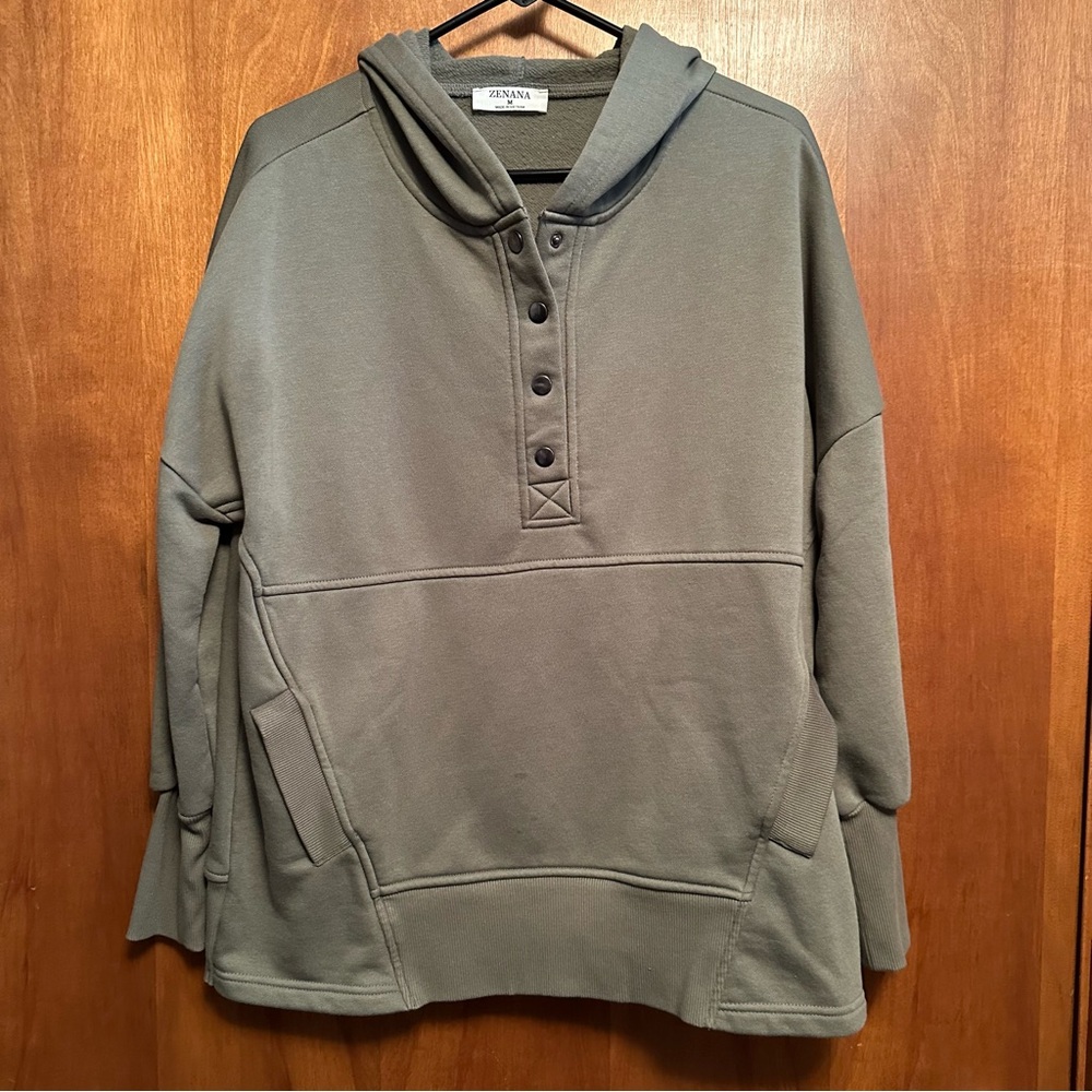 Zenana Olive Green Quarter Button‎ Hoodie Sweatshirt Medium
